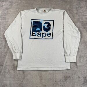 BAPE Shirt Mens Medium White Camo Logo A Bathing Ape Long Sleeve Streetwear